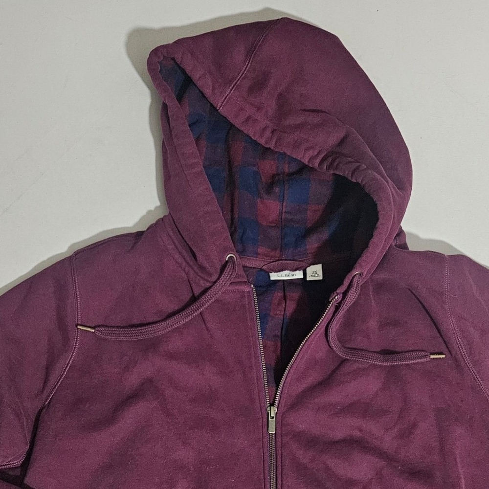 LL Bean Mens 3X Plus Flannel Lined Full Zip Hoodie Burgundy Plaid Hooded Jacket - Picture 6 of 7